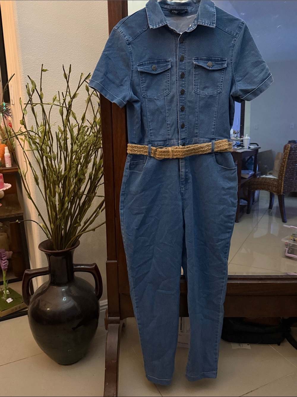 Haute Monde Blue Denim Short Sleeve Jumpsuit with Rope Belt